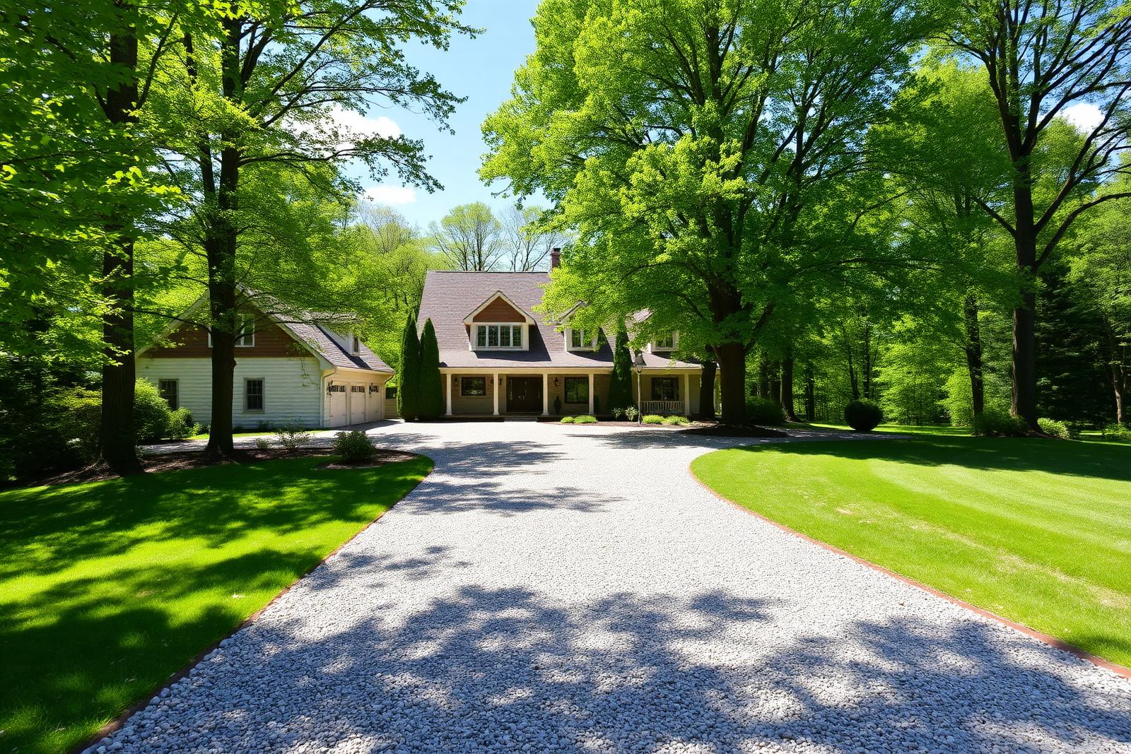 Newly installed gravel driveway leading to a rural Cobleskill home