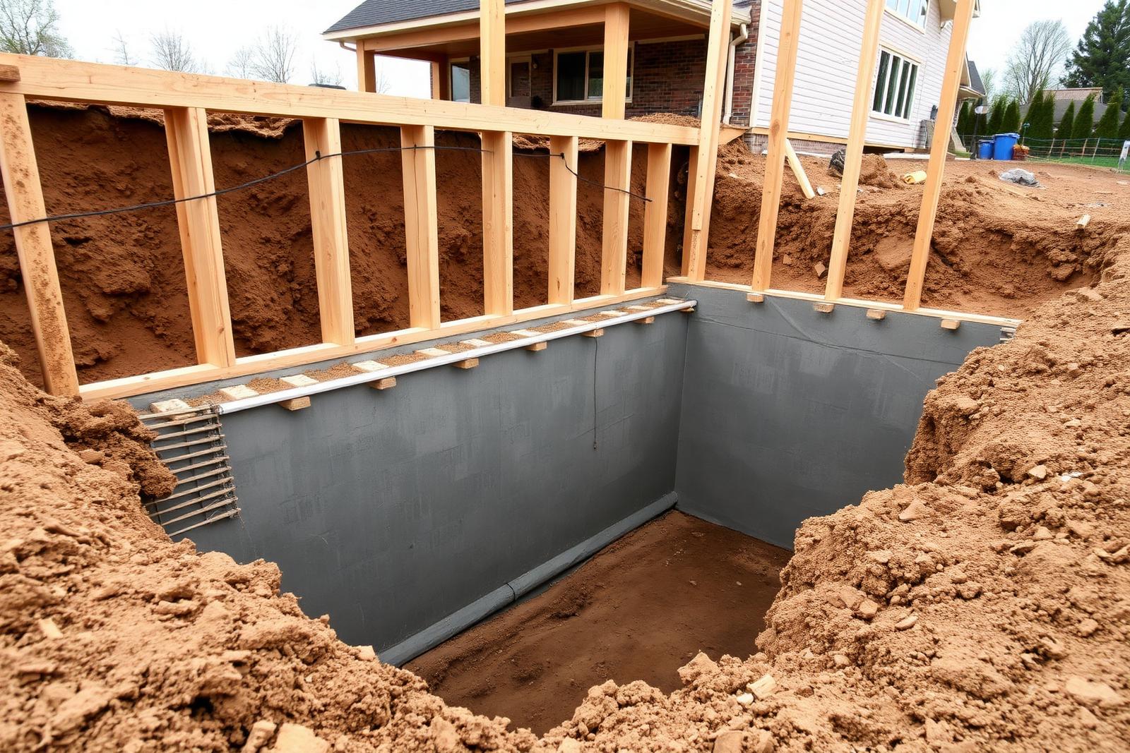 Concrete foundation wall freshly installed against excavated earth at a residential build