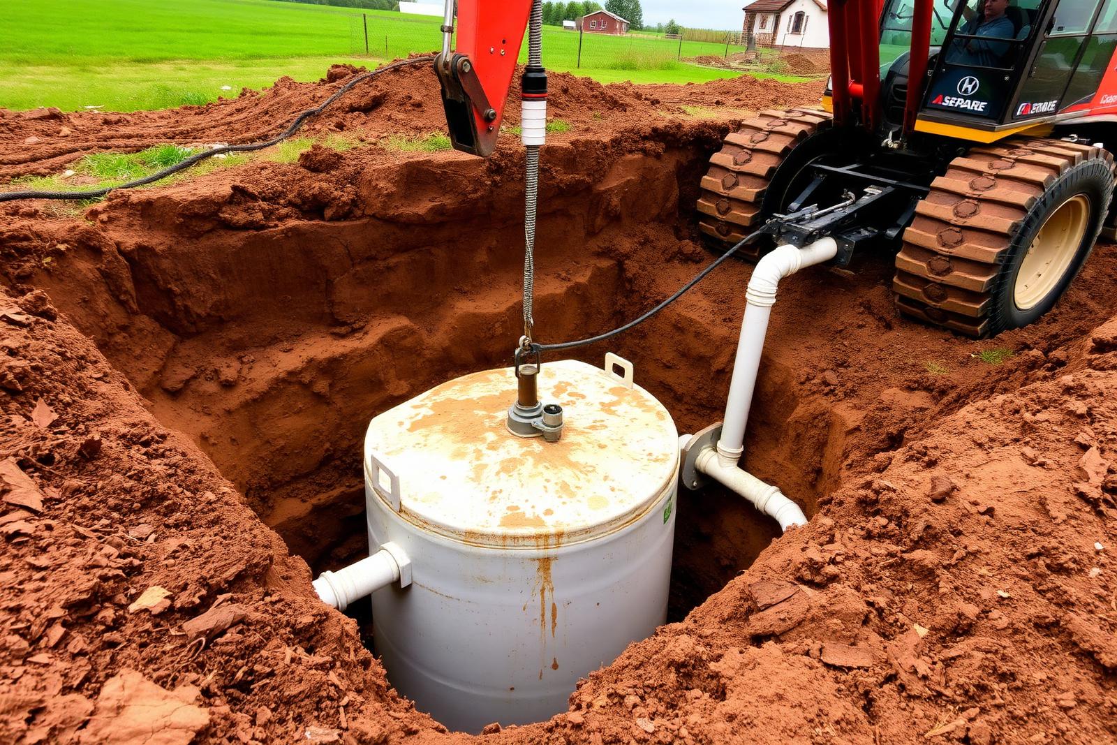 Septic tank being lowered into a deep excavated trench on a rural property