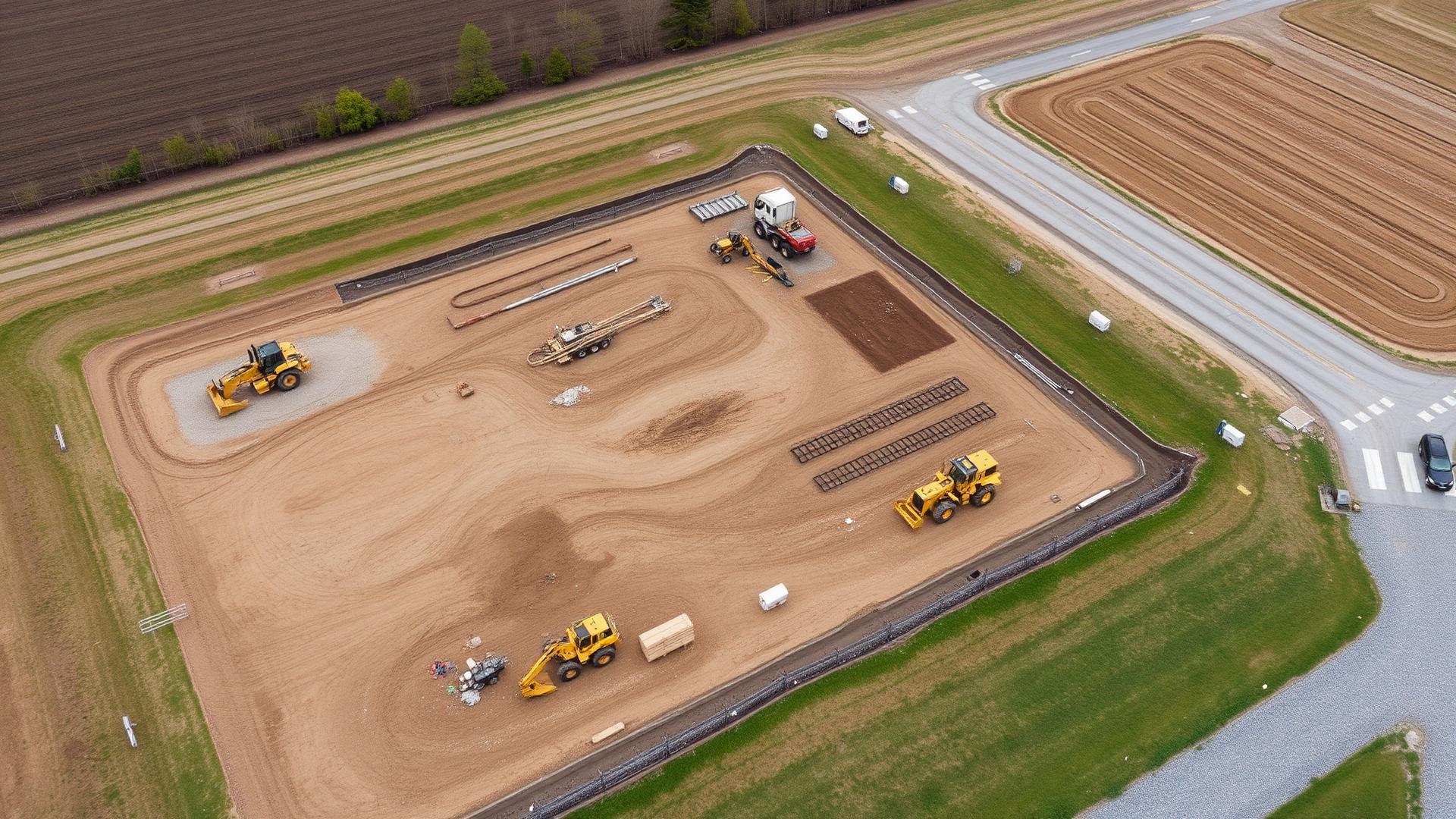 Aerial view of an active site preparation project with heavy equipment in upstate New York